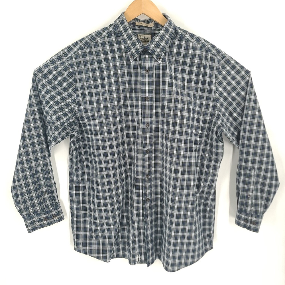 LL Bean Shirt Mens Extra Large Green Plaid Cotton Comfort Long Sleeve Button